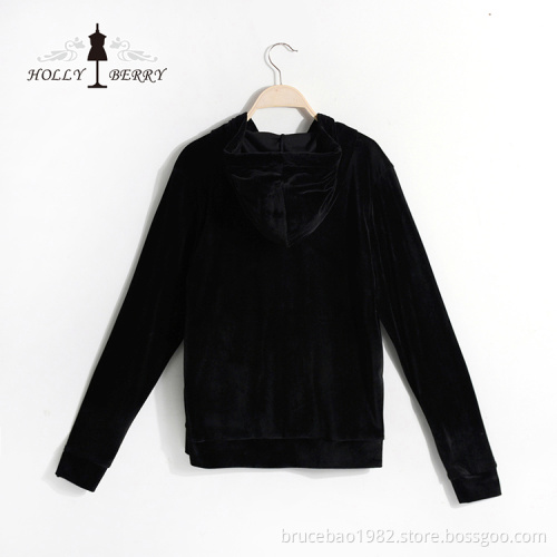 Fleece Hooded Unlined Velour Anti-wrinkle Solid Autumn Black Sweatshirt